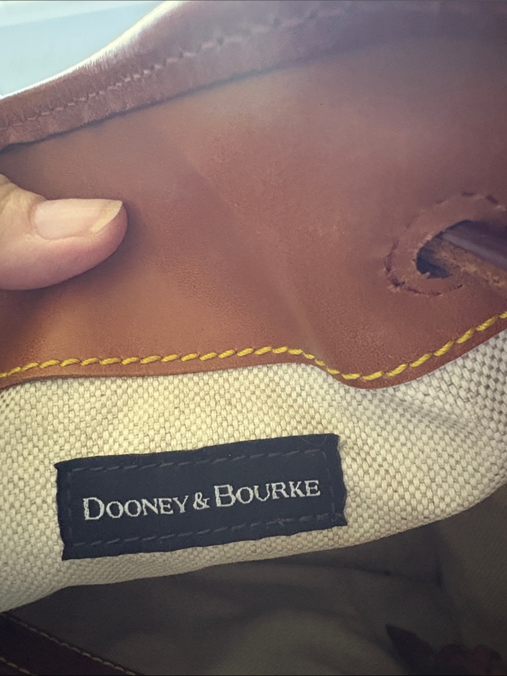 Dooney & Bourke Brown Leather Drawstring Bucket Bag with Yellow Stitching - Picture 4 of 7